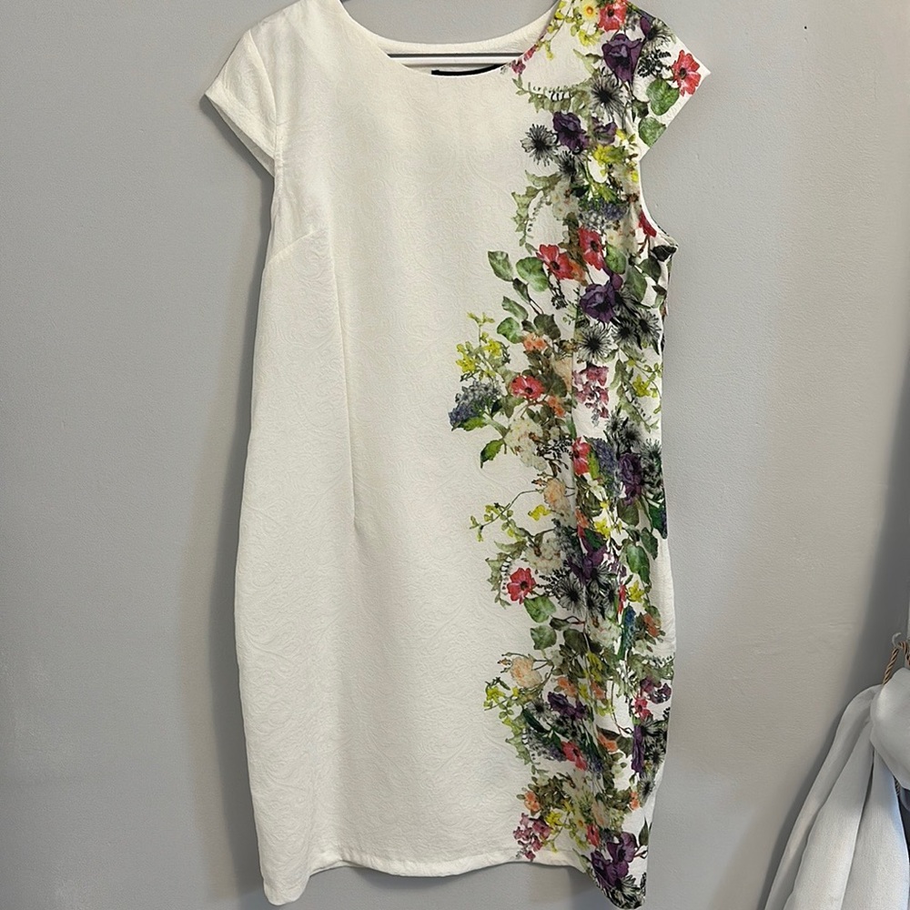 White Midi Shift Dress with Floral Side Panel